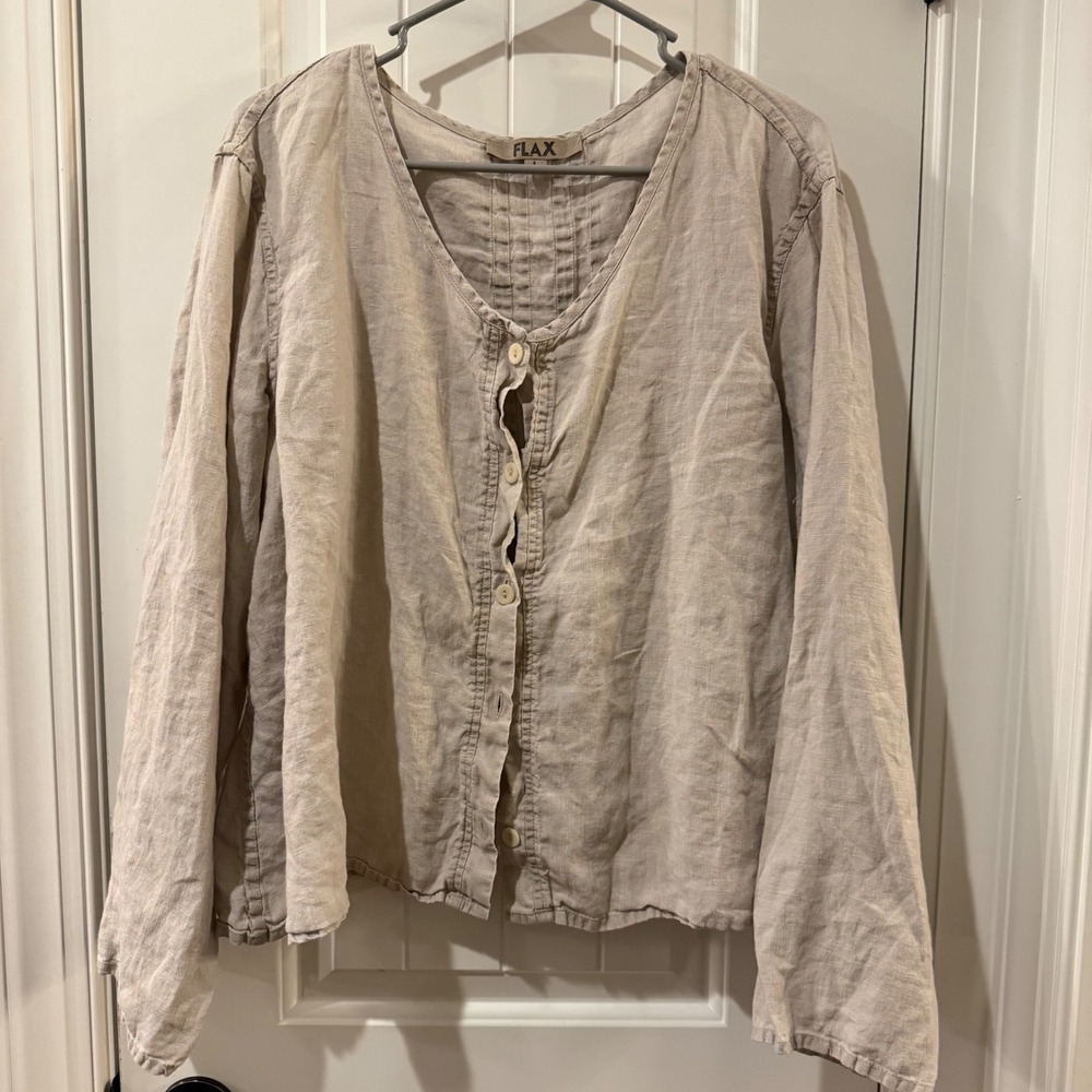 FLAX 100% Linen Pintuck Back Button Down Blouse Oatmeal Beige Large